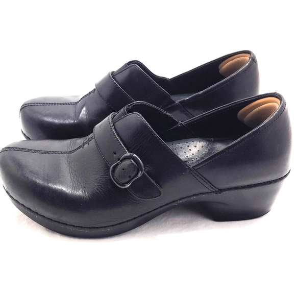 Dansko Tamara Black Leather Slip-On Clogs With Adjustable Strap - Picture 13 of 16